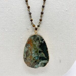 Green and Brown Agate Pendant Tigers Eye Rosary Chain Necklace NEW NWT